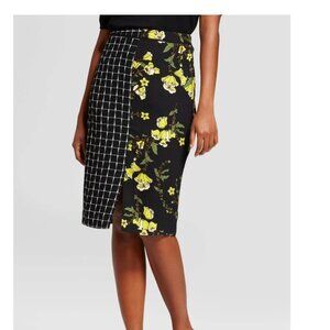 Who What Wear Mixed Print Pencil Skirt – Size 2 | Black Floral & Grid | Unworn